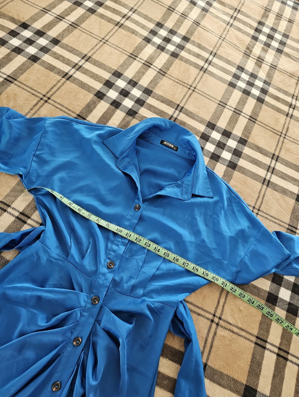 Asymmetrical Blue Satin Button-Front Dress with Waist Tie - Picture 11 of 13